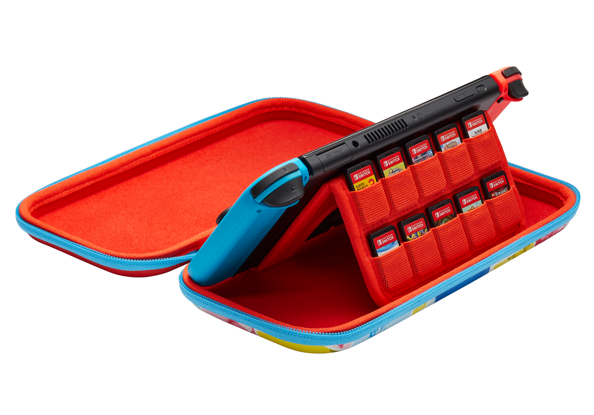 Eine Nintendo Switch mit offenem Schutzetui zur Anzeige von Spielkassetten.