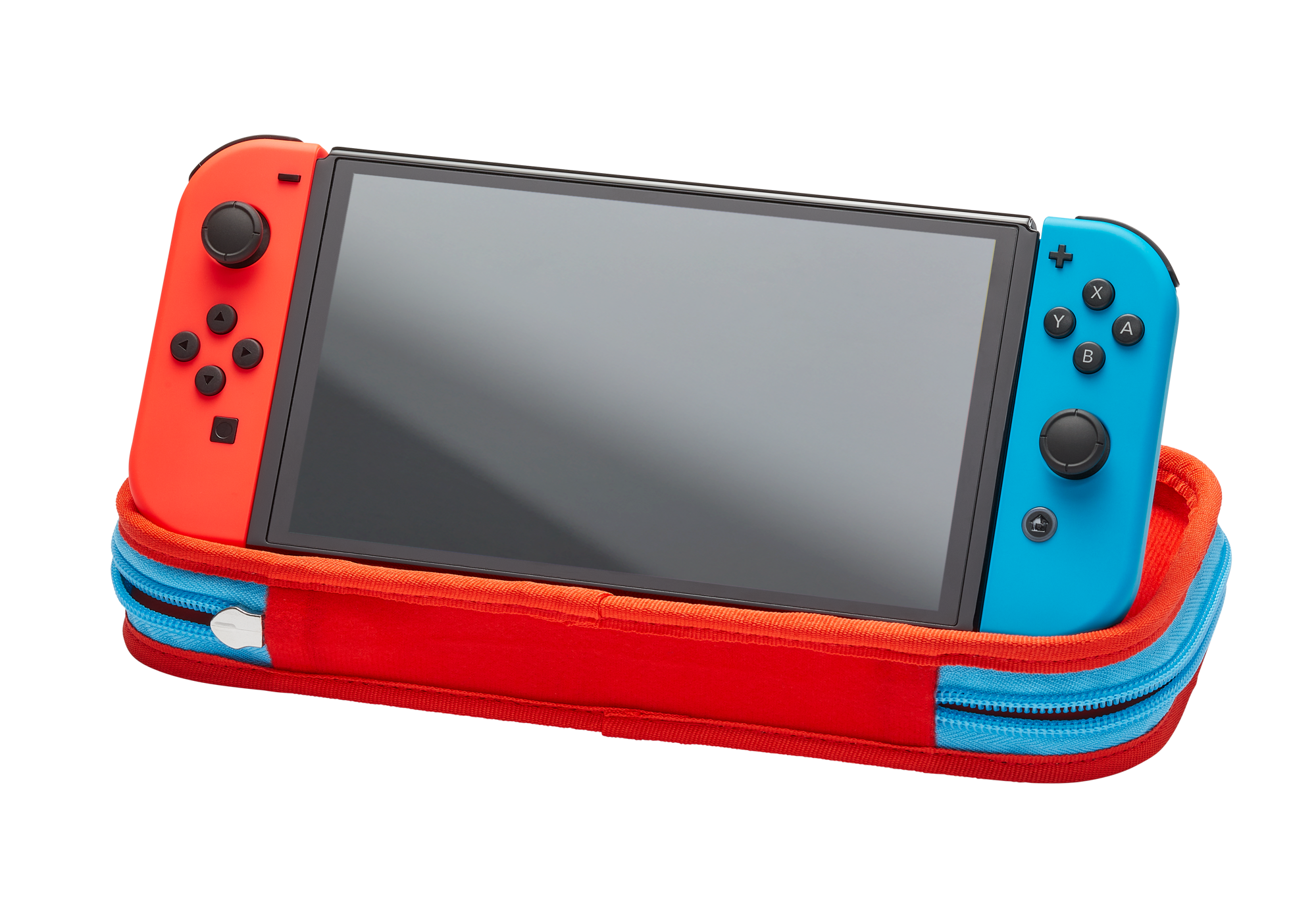 Eine rote und blaue Spielkonsole in einem rot-blauen Etui mit Reißverschluss.
