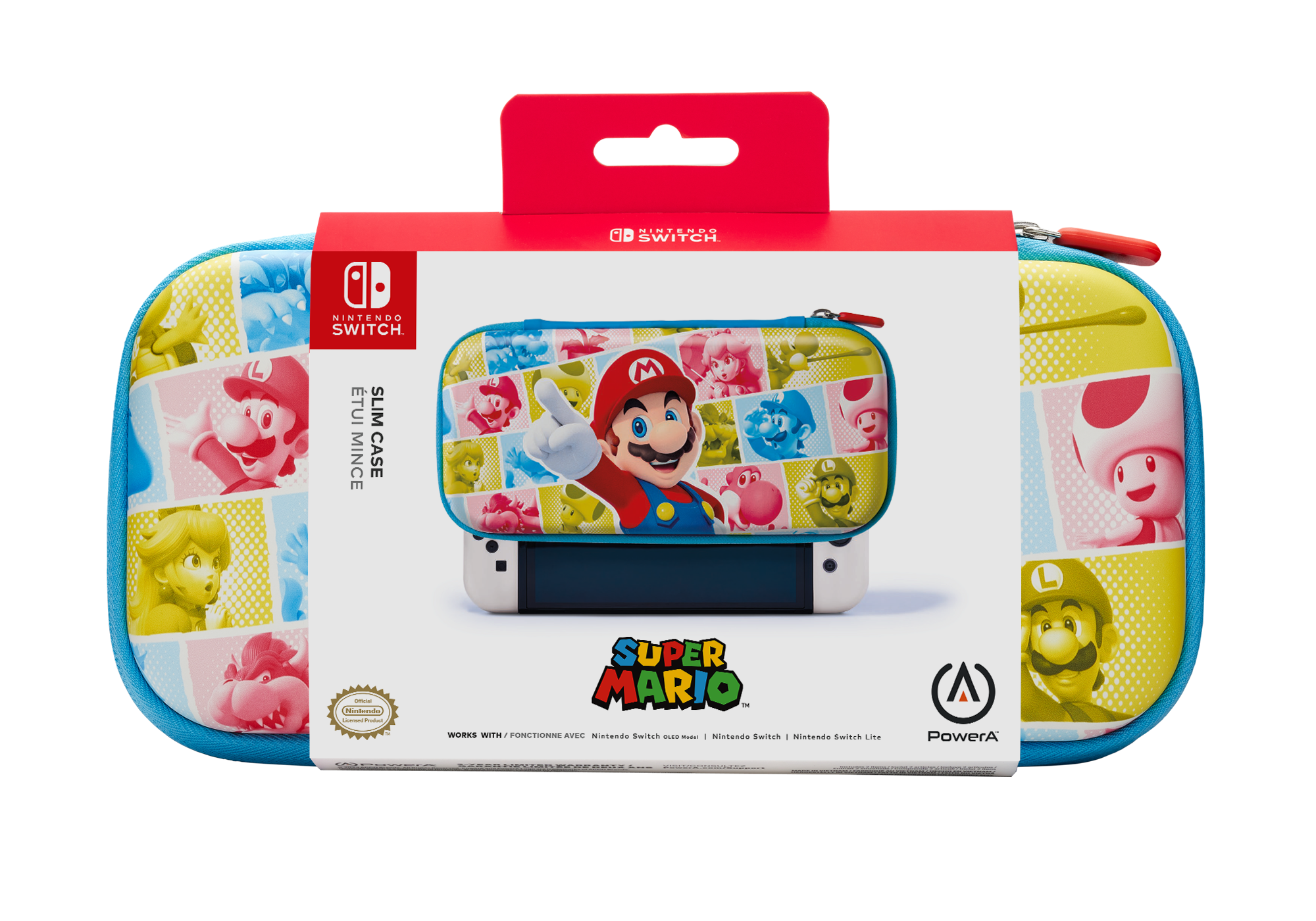 Nintendo Switch-Hülle mit Mario-Kunst. Rotes und blaues Design mit Charakteren. Konsole weiß.