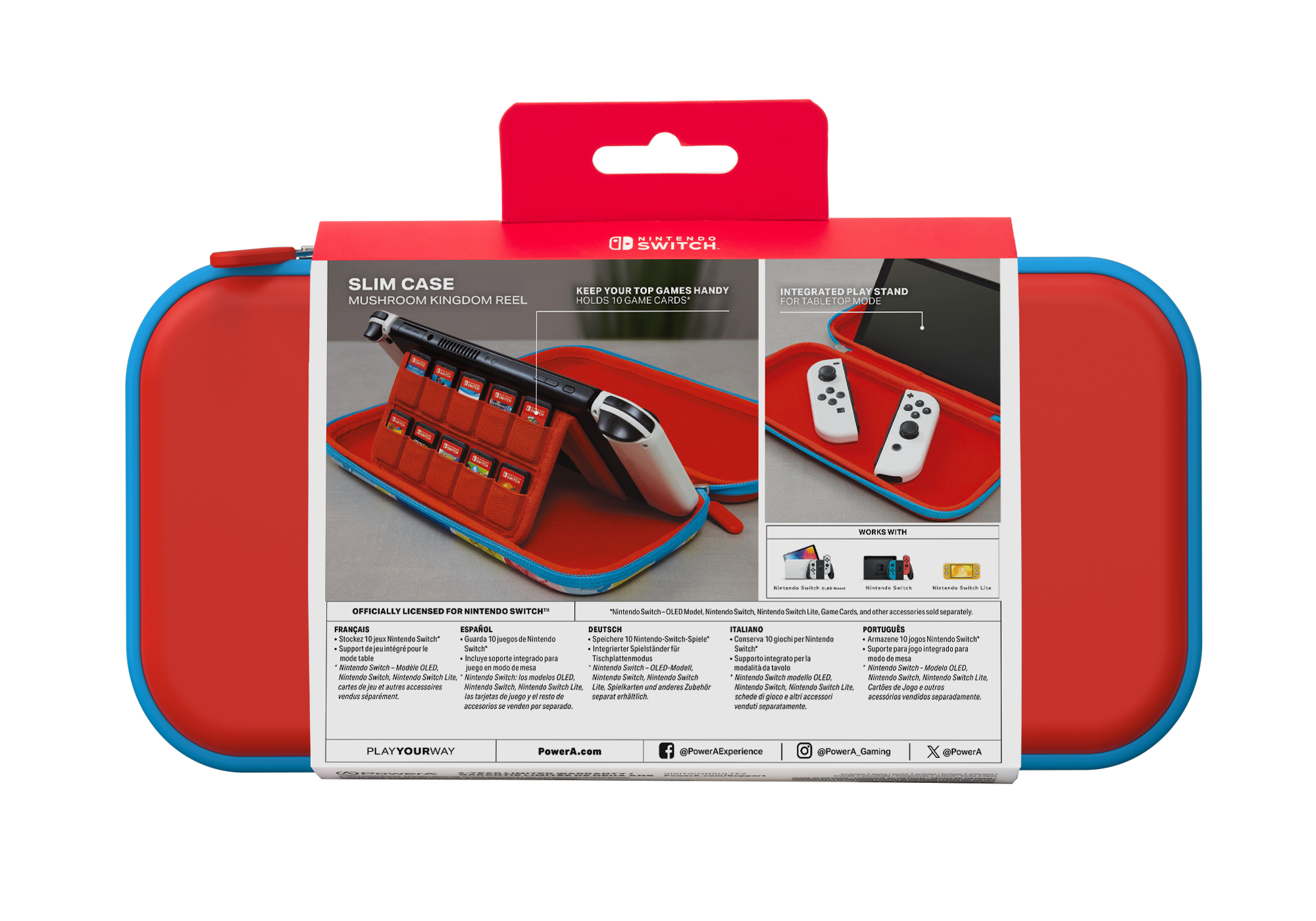 Rote Nintendo Switch-Hülle mit Spielkassetten und weißen Controllern, auf schwarzem Hintergrund.