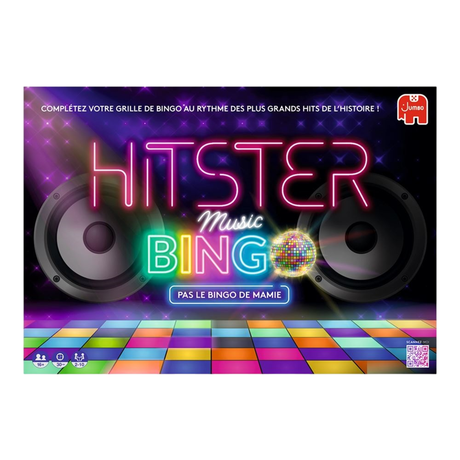 Boîte de jeu avec des haut-parleurs, une boule disco et le texte 'Hitster Music Bingo'.