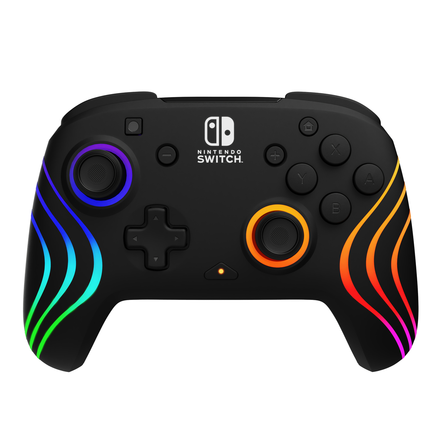 Zwarte Nintendo Switch controller met gekleurde lichtstrips en knoppen.