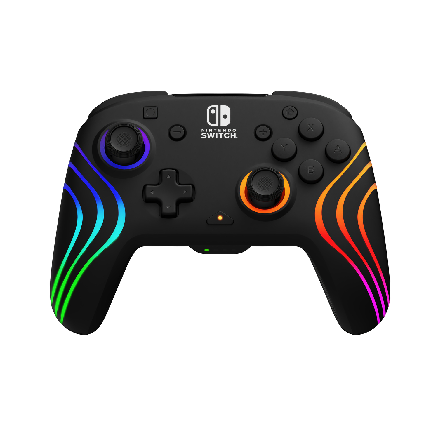 Zwarte Nintendo Switch-controller met kleurrijke lichten.