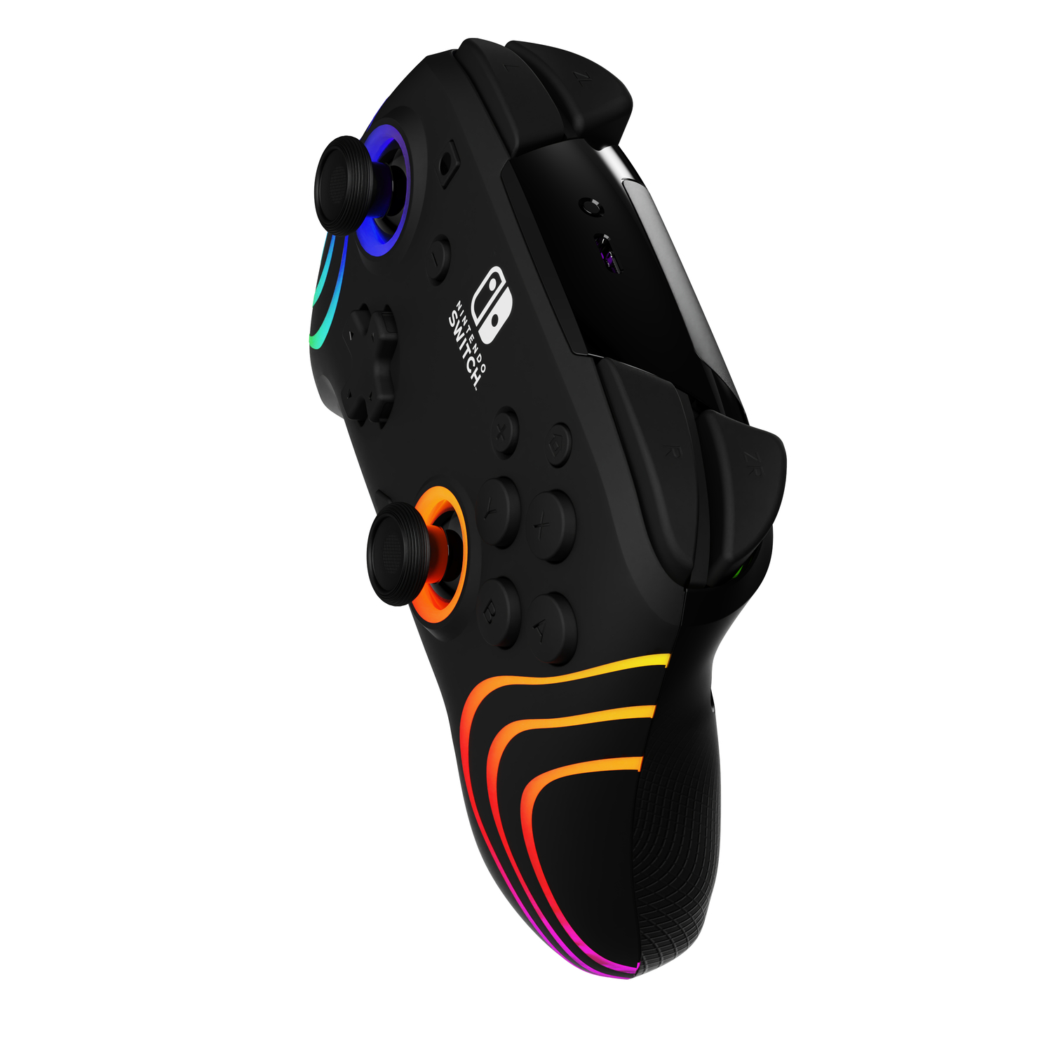 Zwarte Nintendo Switch-controller. Hij heeft kleurrijke lichten en knoppen. Het Nintendo-logo is zichtbaar.