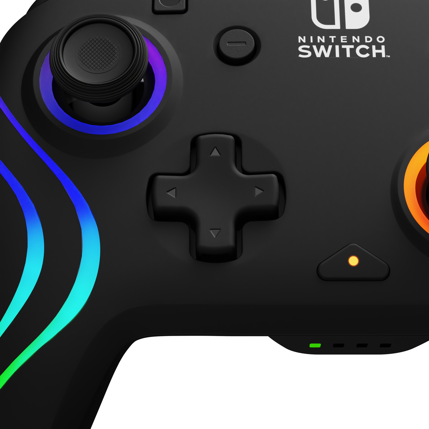Zwarte Nintendo Switch-controller met kleurrijke verlichting. Heeft knoppen en joystick.
