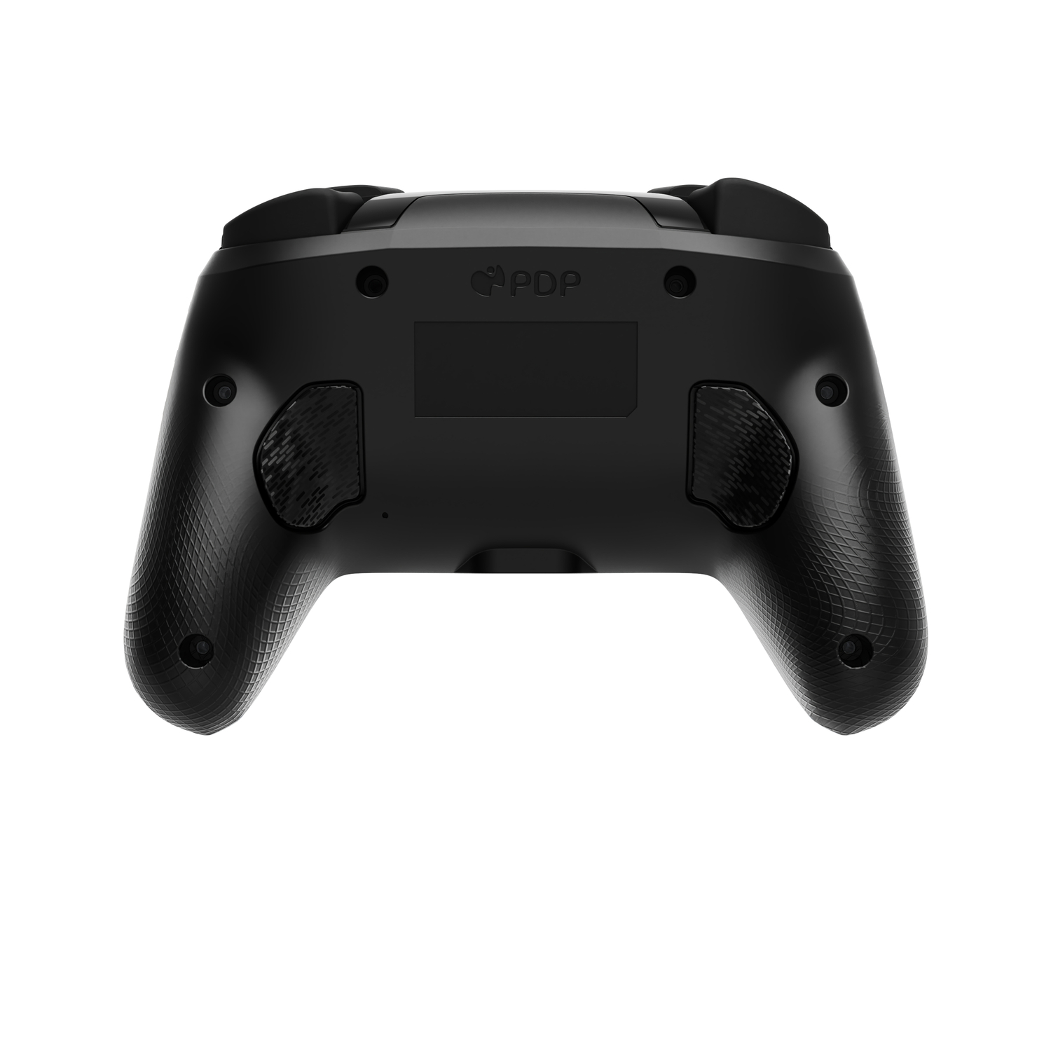 De achterkant van een zwarte PDP-gamecontroller. Het heeft twee handgrepen en een centraal paneel.