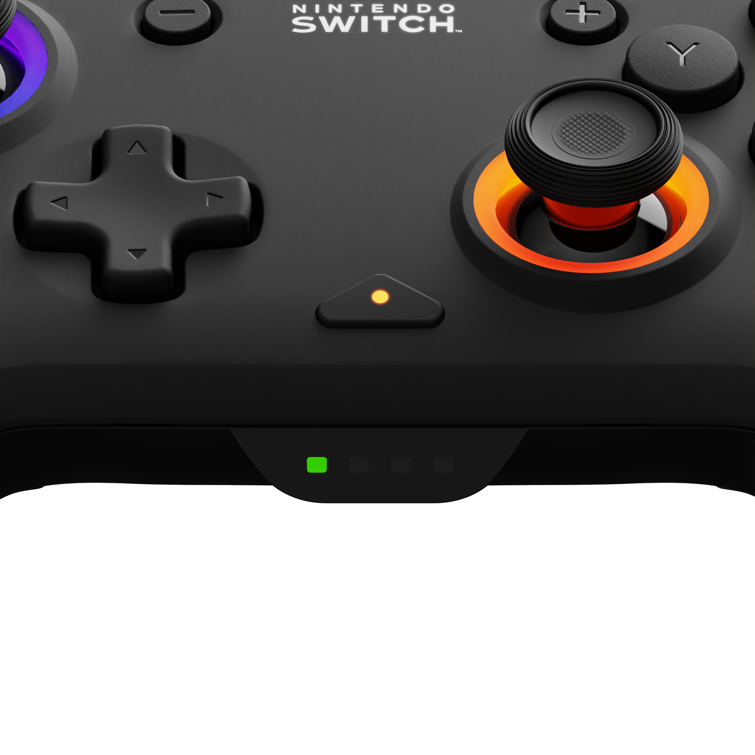 Een close-up van een zwarte Nintendo Switch-controller, met knoppen en een joystick.