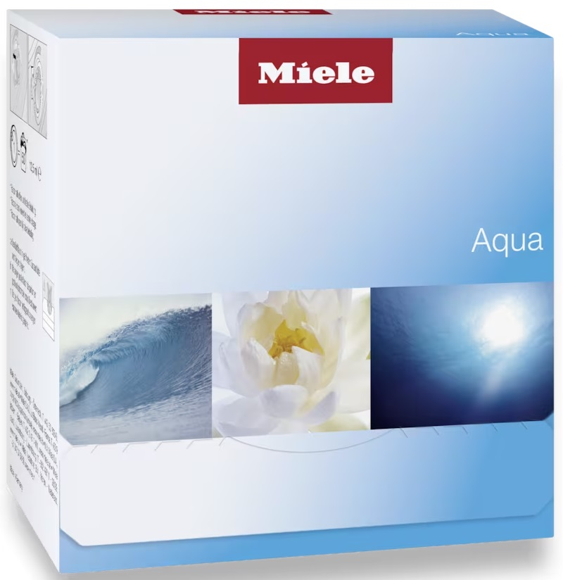 Pudełko z logo Miele, trzy obrazy: fala, kwiat, słońce w wodzie.