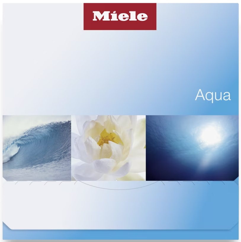 Logo Miele nad trzema obrazami: fala, biały kwiat, słoneczna woda. Tekst Aqua.