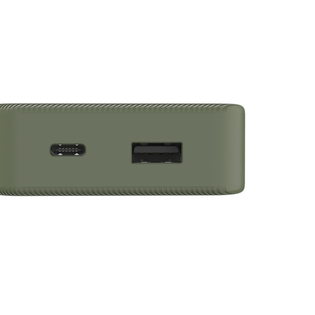 Olivgrünes Gerät mit USB-Anschluss und Typ-C-Anschluss.