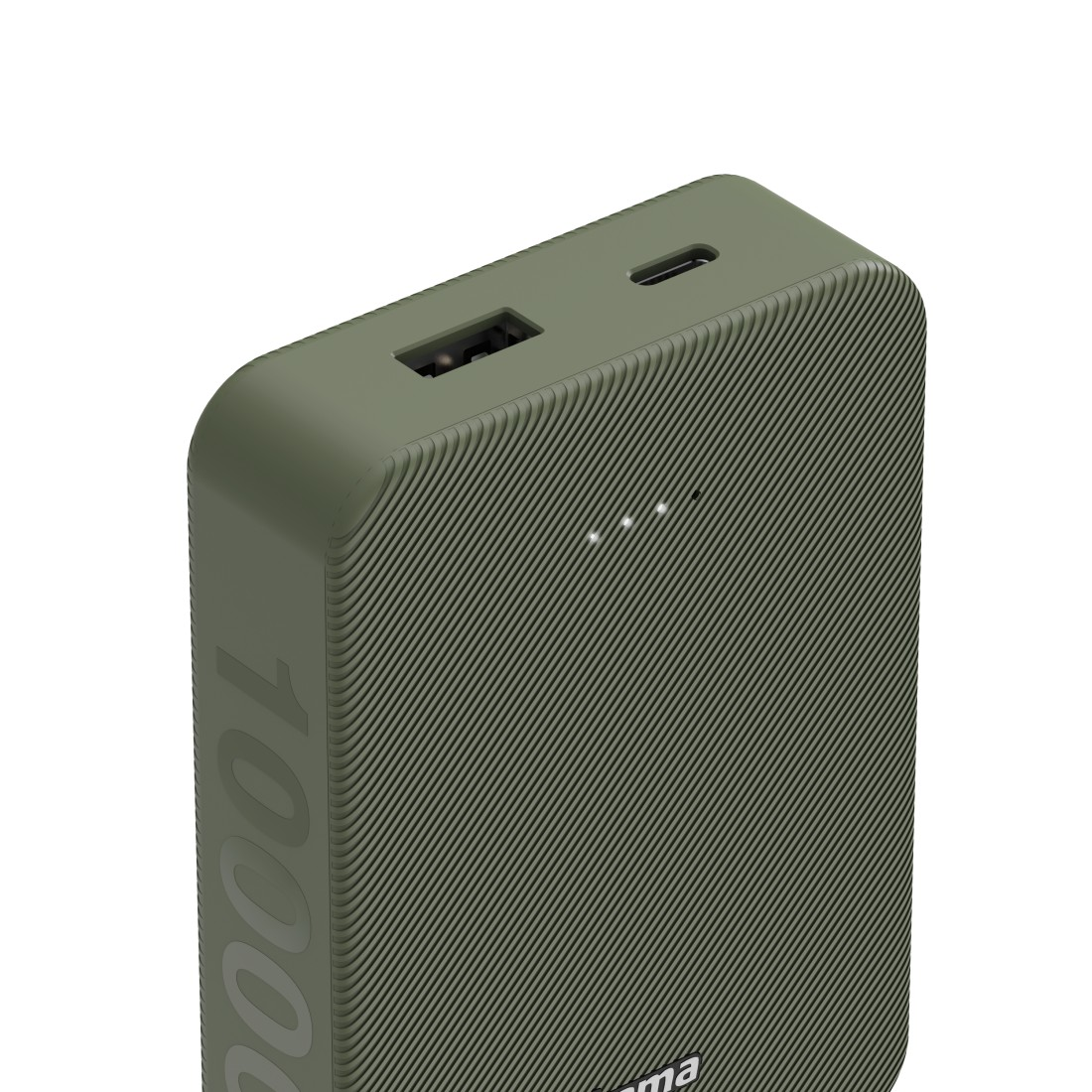 Eine grüne Powerbank mit USB-Anschluss und Ladeanzeige. Die Powerbank hat eine strukturierte Oberfläche.