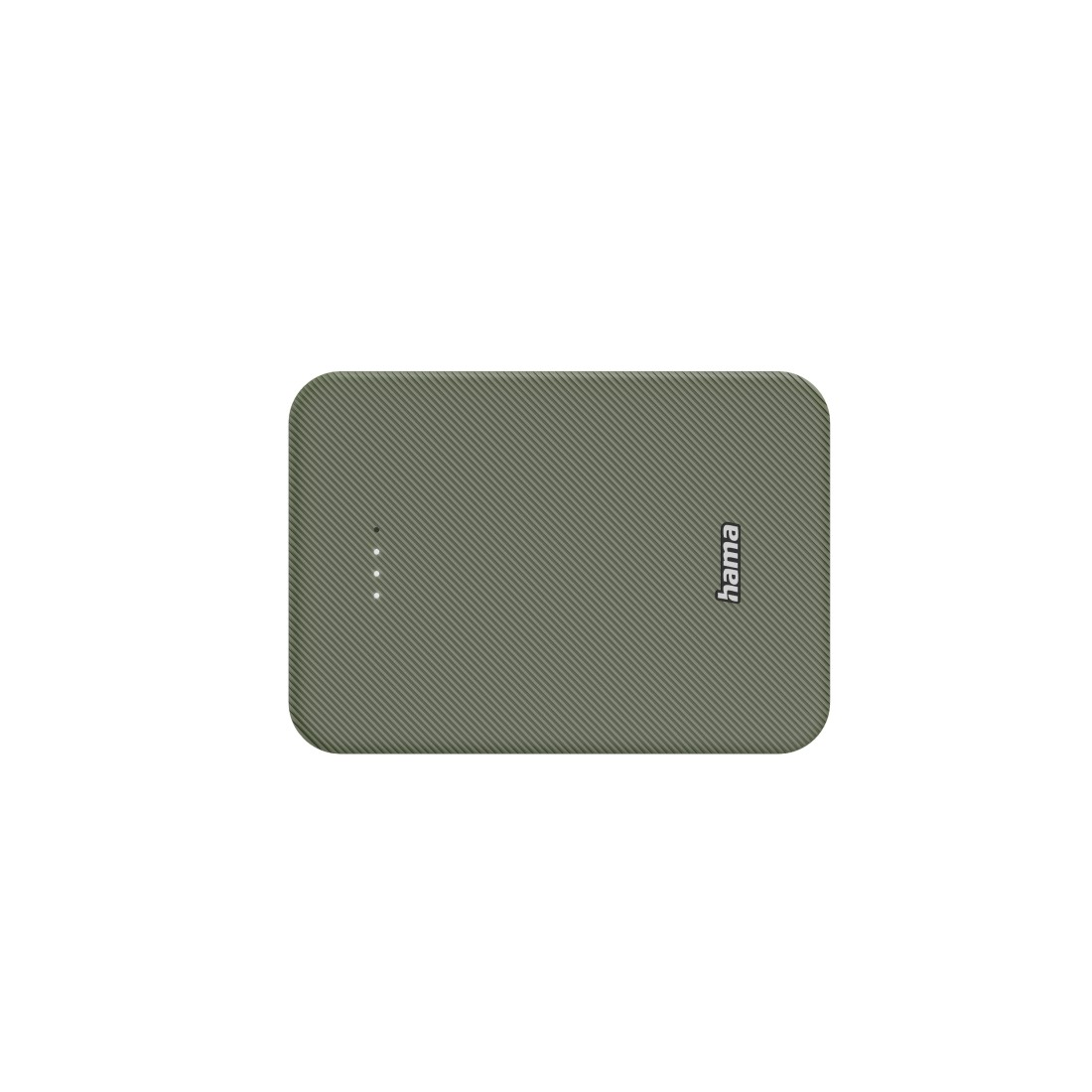 Eine grüne Powerbank mit strukturierter Oberfläche und Hama-Logo, mit 3 LEDs.
