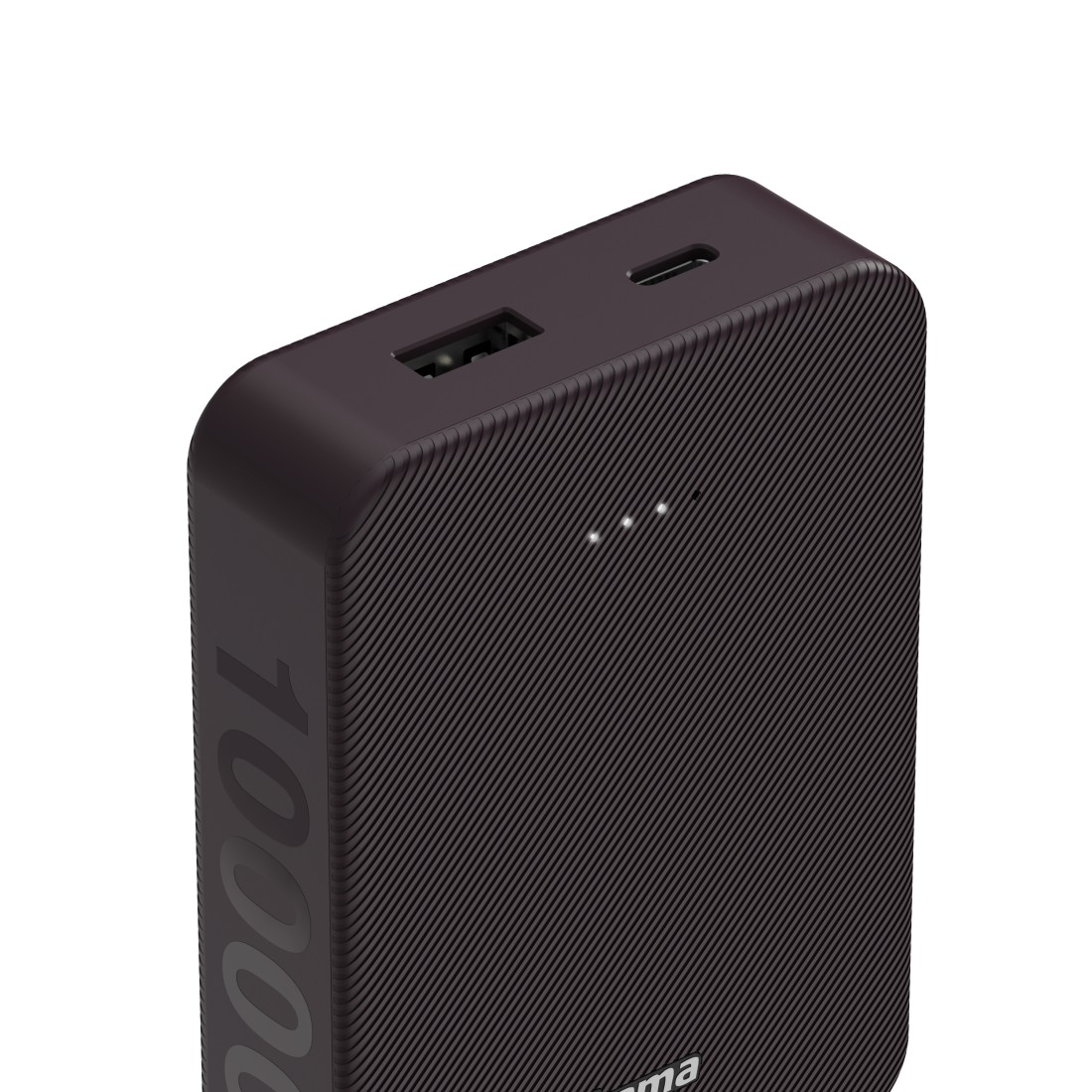 Dunkelbraune Powerbank, mit USB- und USB-C-Anschlüssen und Ladeanzeige.