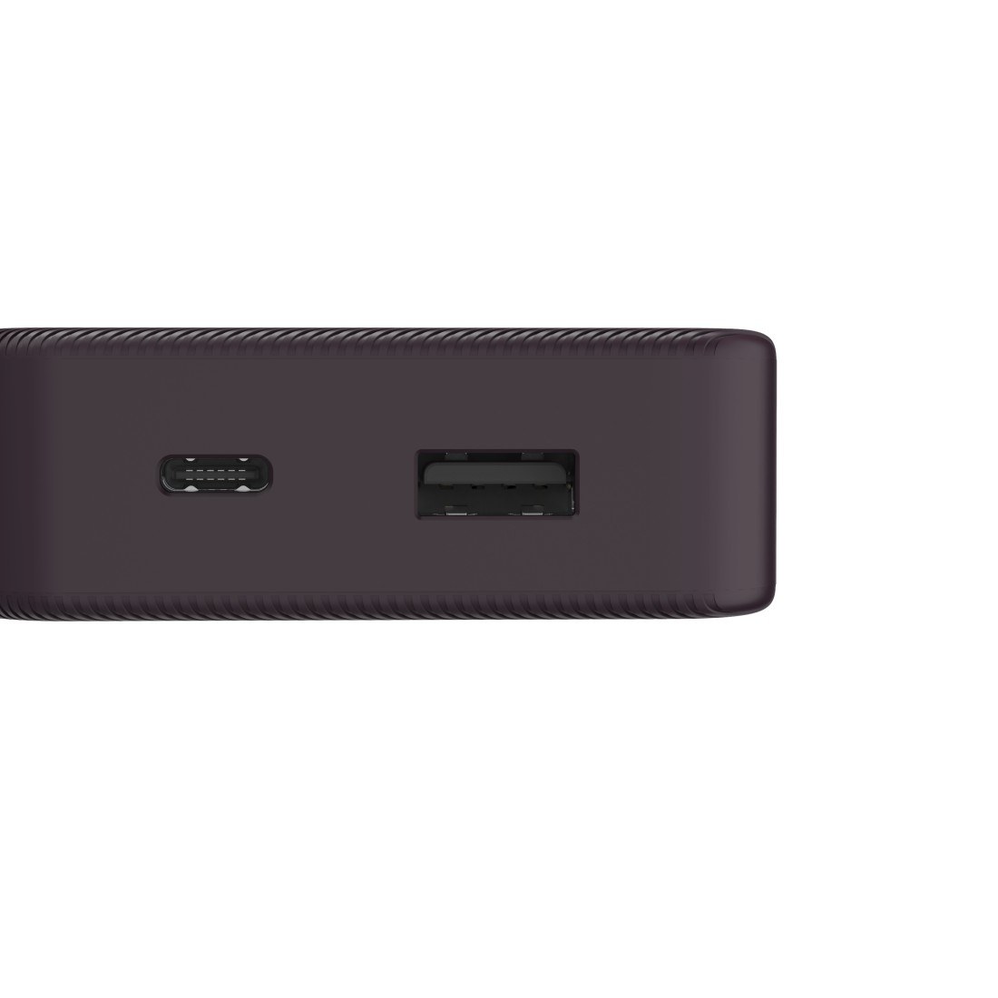 Lila USB-C- und USB-Anschlüsse an einem dunkelvioletten Gerät, Nahaufnahme.