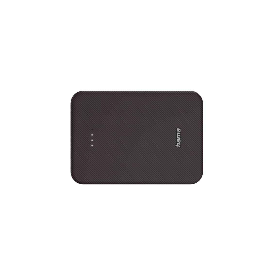 Eine dunkelgraue Powerbank mit strukturierter Oberfläche und Hama-Logo.