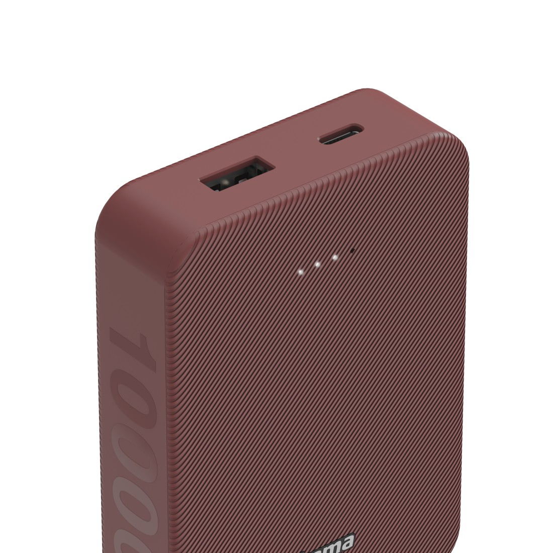 Eine weinrote Powerbank mit strukturierter Oberfläche und USB-Anschlüssen.