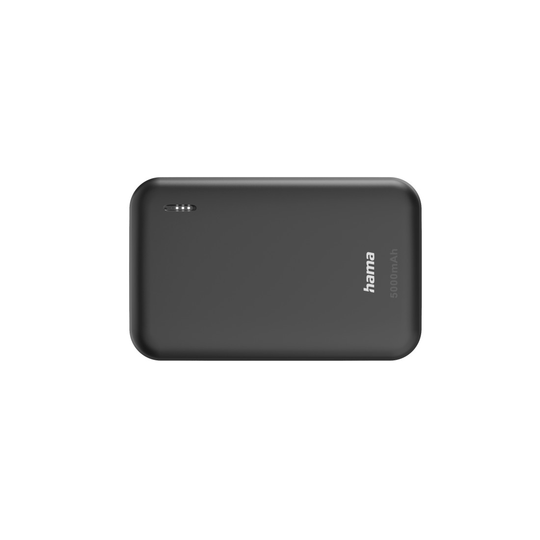 Schwarze Powerbank. Das Wort 'hama' und eine Lichtanzeige sind sichtbar.