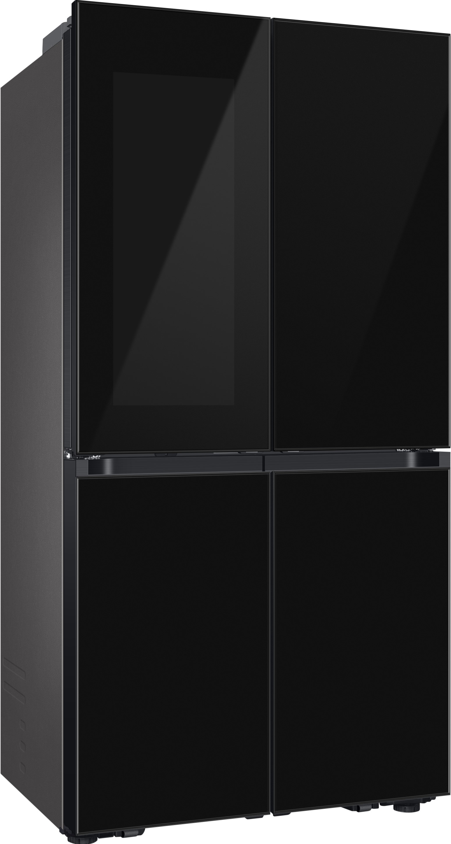 Schwarzer Kühlschrank mit vier Türen.