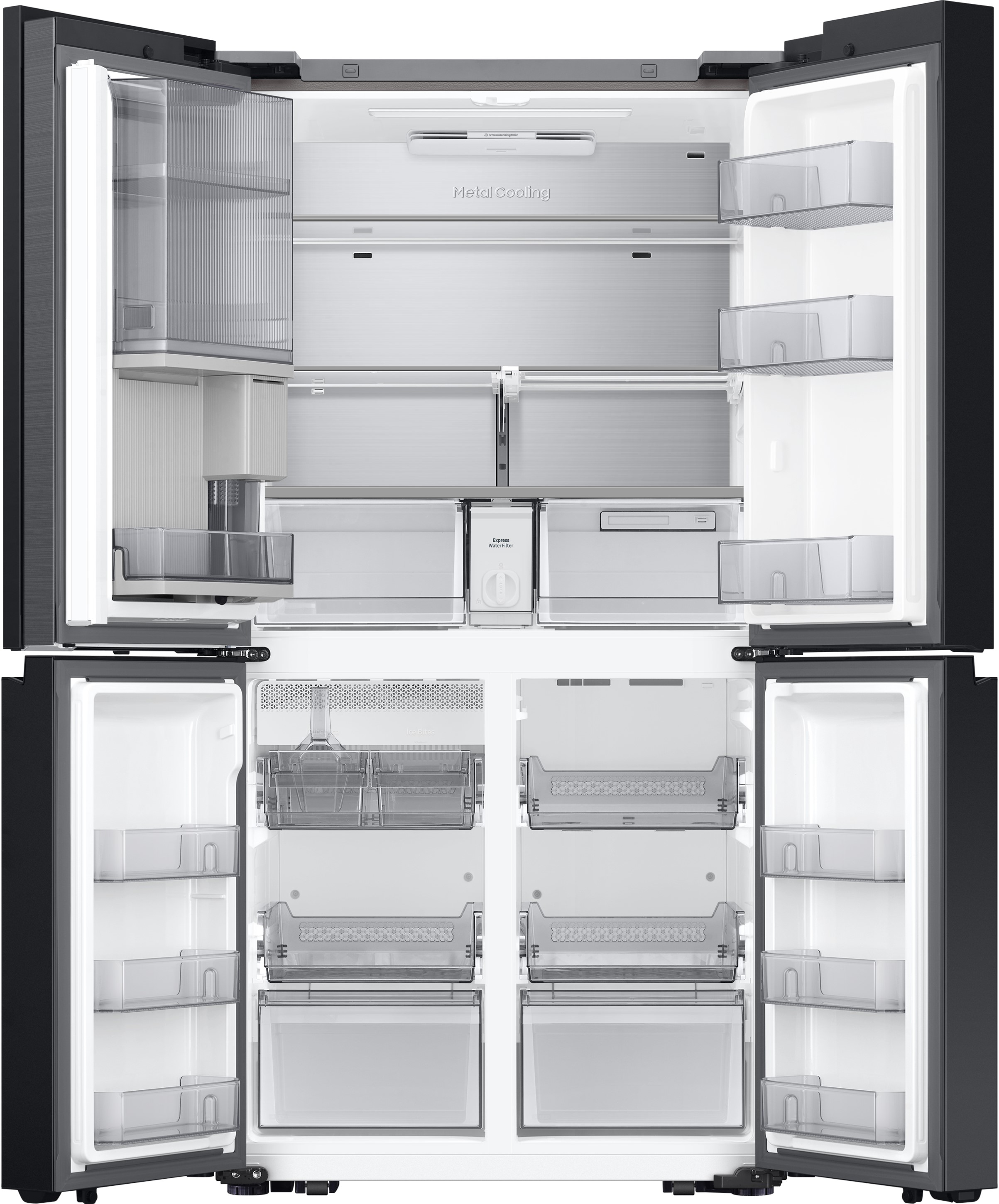 Ein Kühlschrank mit geöffneten Türen. Der Innenraum ist weiß mit mehreren Regalen und Schubladen.