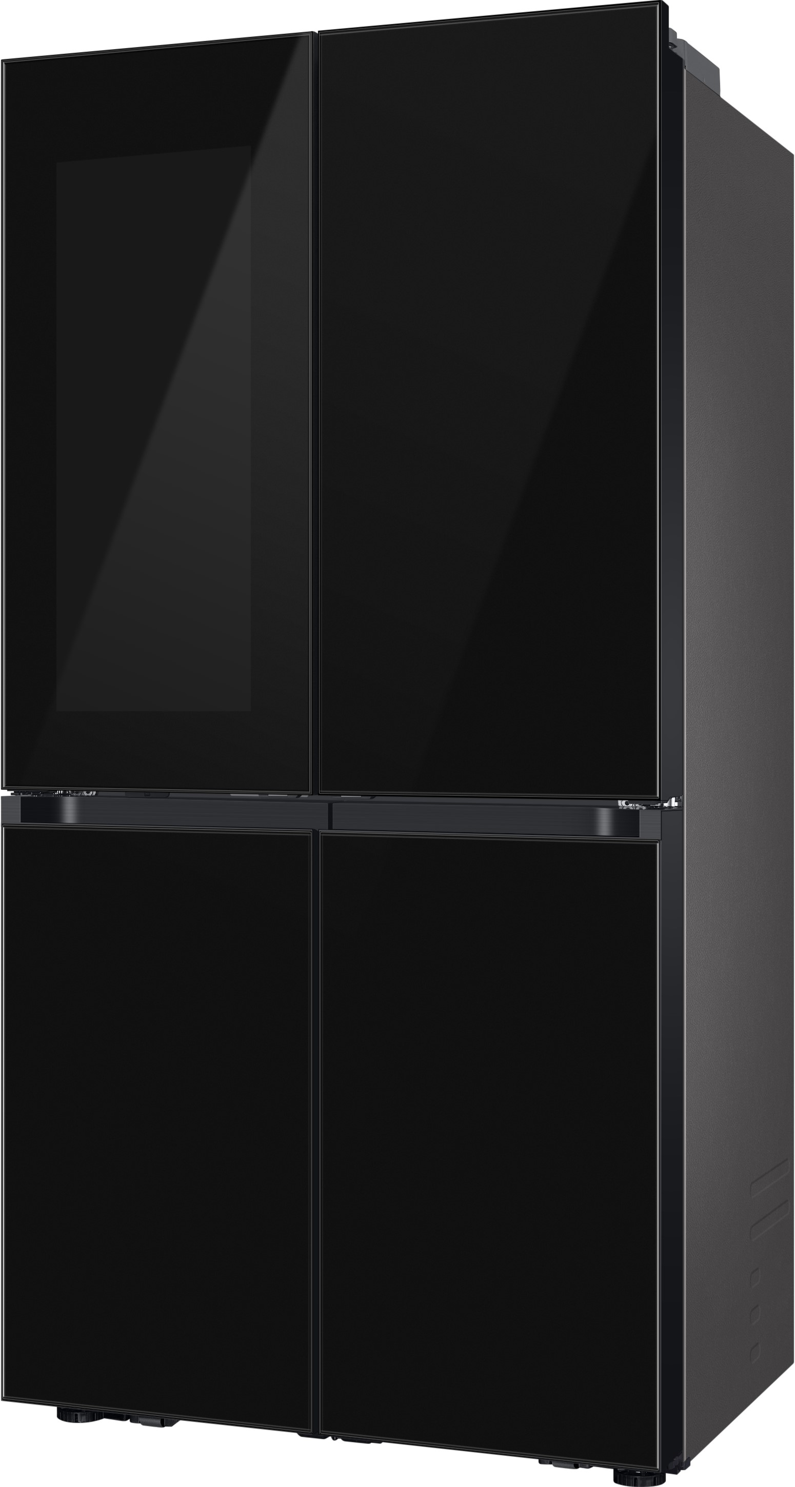 Ein hoher, schwarzer Kühlschrank mit vier Türen. Die oberen Türen haben Glasscheiben. Der Hintergrund ist weiß.