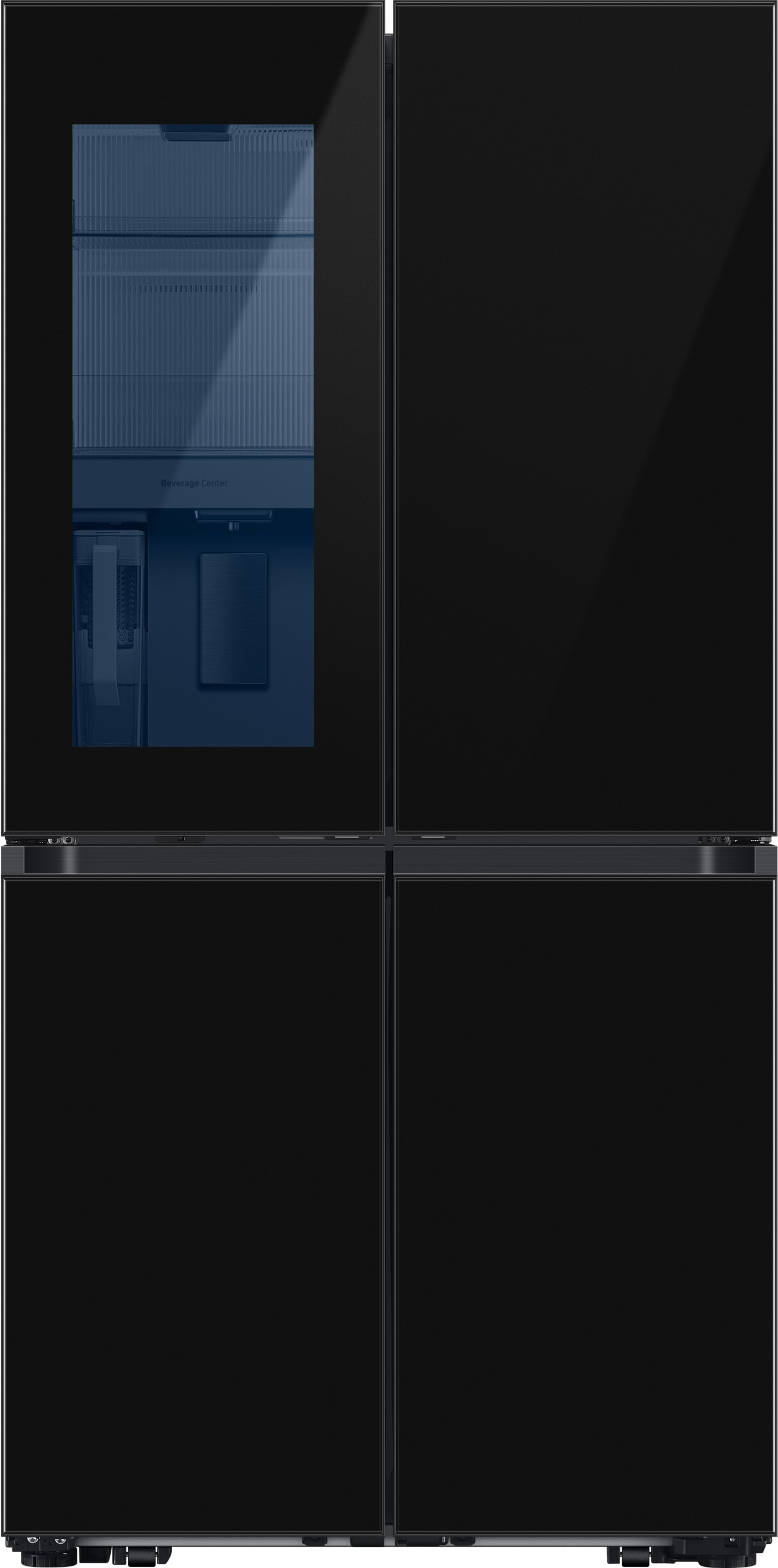 Schwarzer Vier-Türen-Kühlschrank mit blau getöntem Door-in-Door-Panel. Glänzendes, schwarzes Finish.