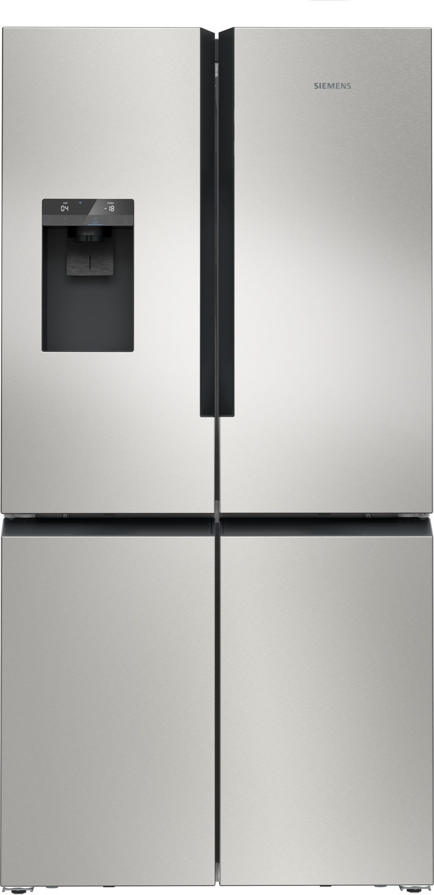 Ein Edelstahl-Siemens-Kühlschrank mit vier Türen. Er hat einen Wasserspender und eine Digitalanzeige.
