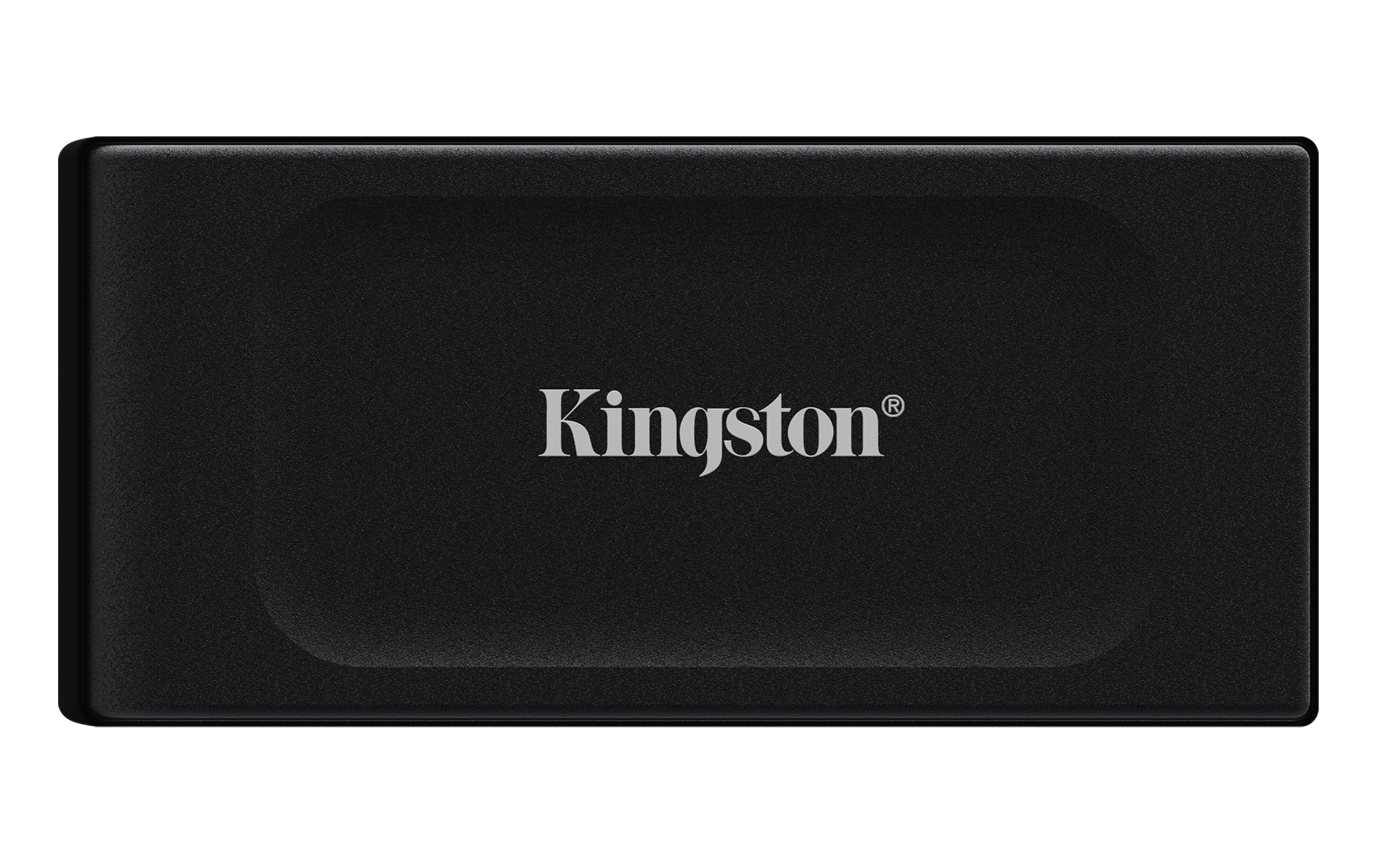 Schwarze externe Kingston SSD mit dem Kingston-Logo in Silber.