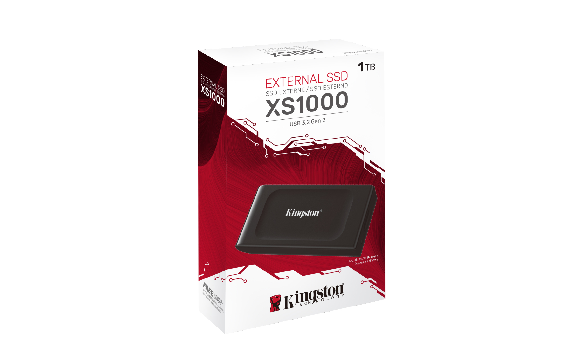 Weiße und rote externe SSD-Box. Die Box zeigt das Produkt und Details, mit einem Kingston-Logo.