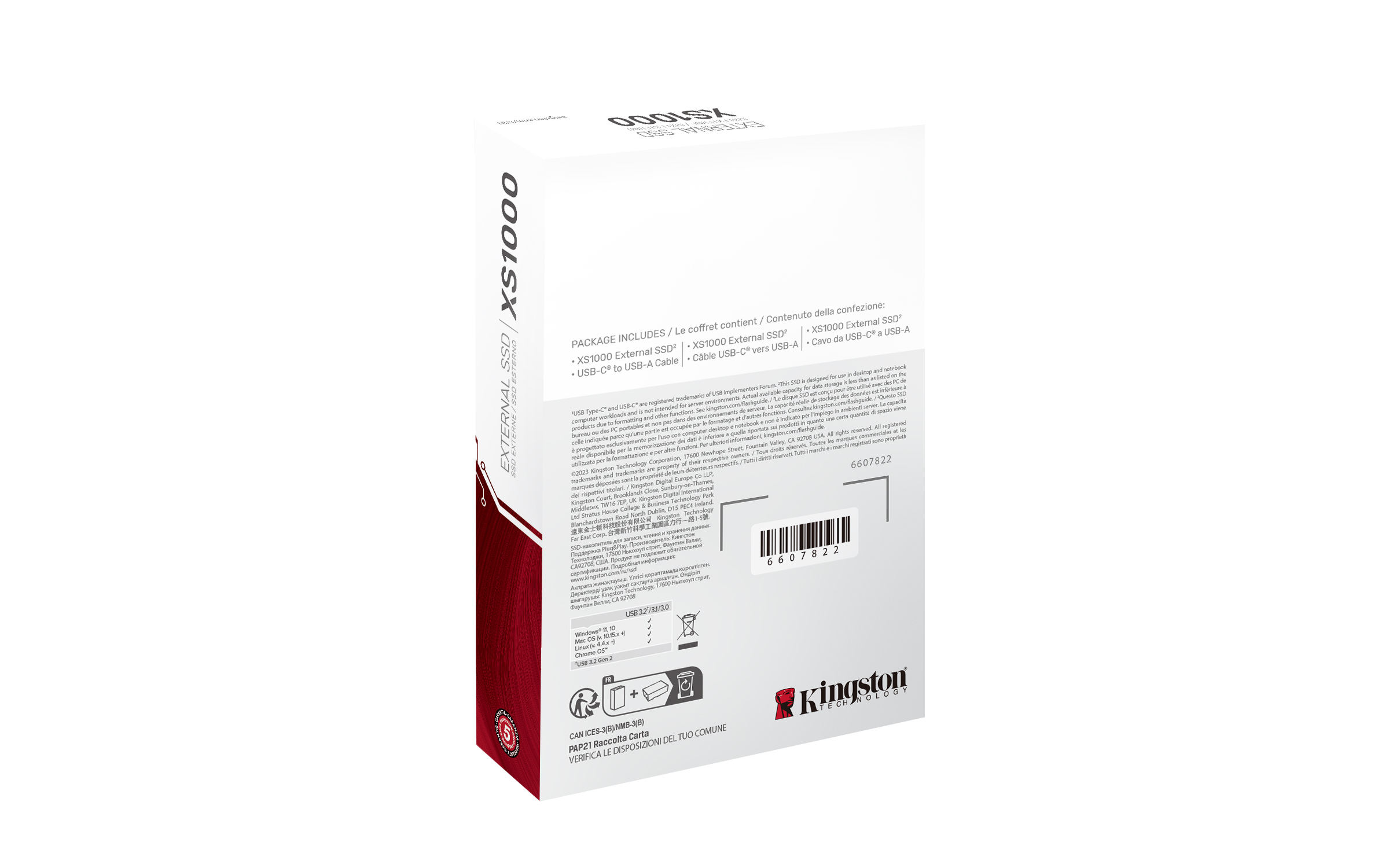 Weiße, rot akzentuierte externe SSD-Box. Text enthält 'XS1000' und 'USB-C'.