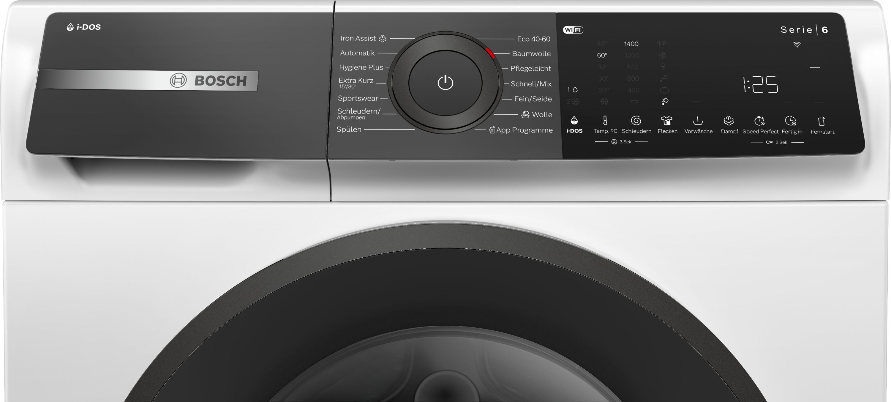 Das Bedienfeld einer weißen Waschmaschine. Es hat einen Drehregler, Tasten und eine Digitalanzeige.