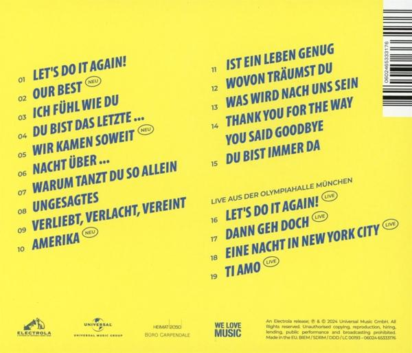 Rückseite eines Musikalbums mit Trackliste auf Deutsch auf gelbem Hintergrund.