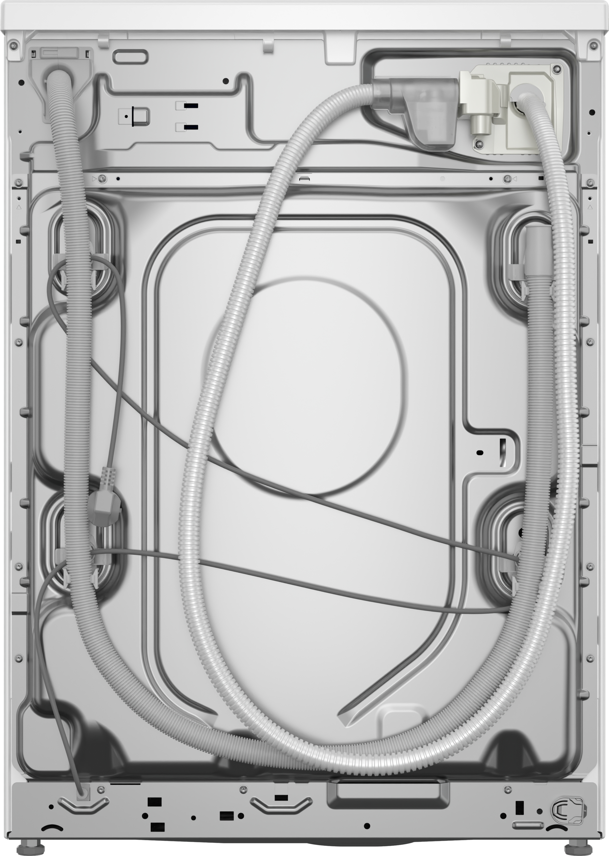 Rückseite einer silbernen Waschmaschine mit angeschlossenen Schläuchen, Netzkabel und Metallrückwand.