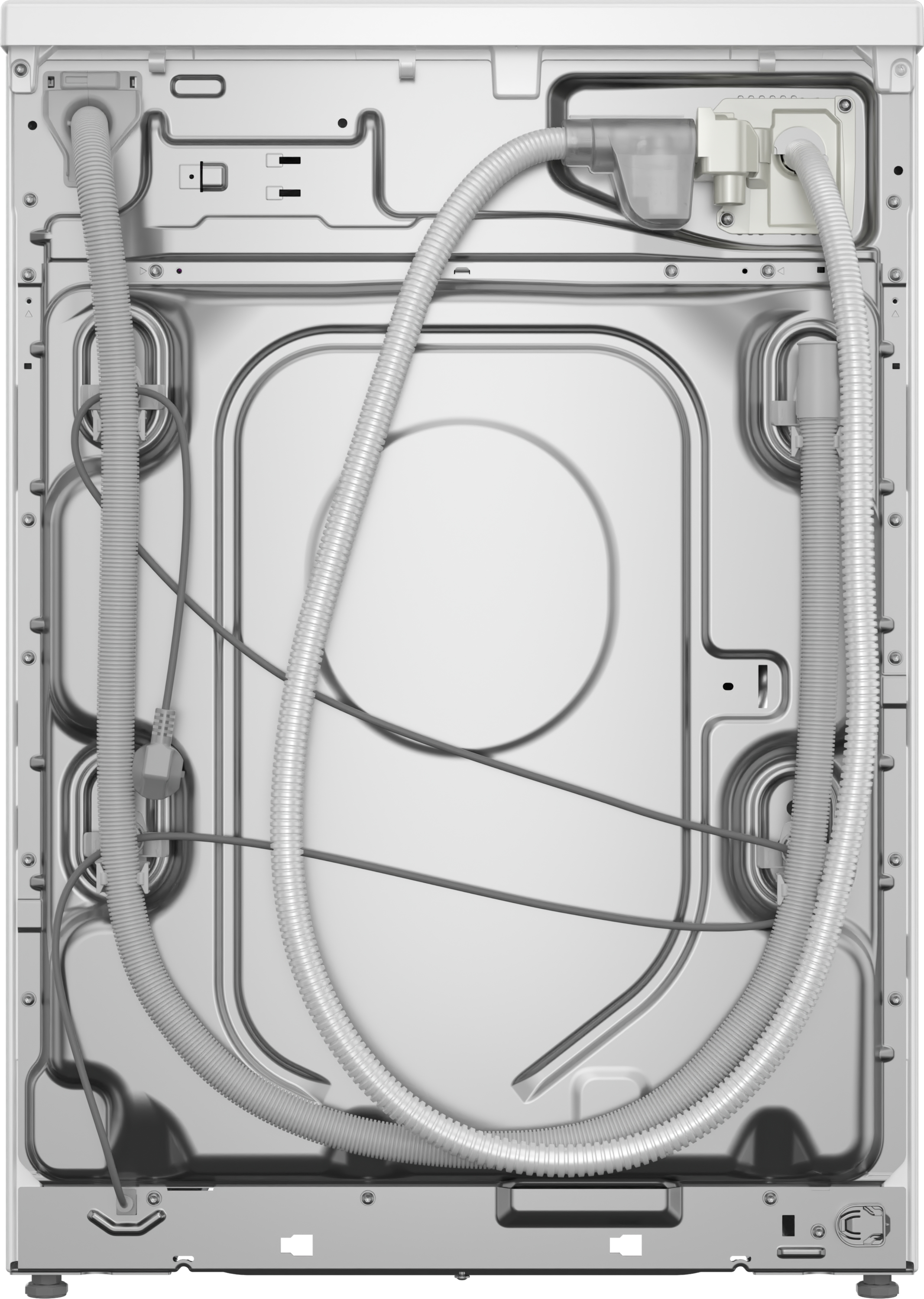 Rückseite einer weißen Waschmaschine mit sichtbaren Schläuchen und Komponenten, sauberes Design.