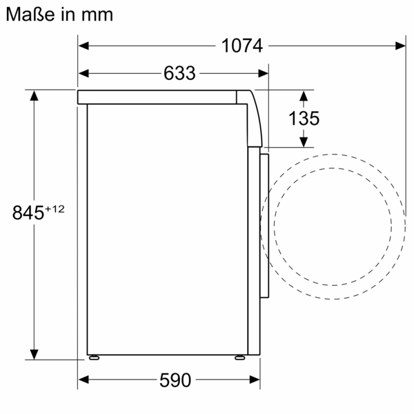 Technische Zeichnung einer Waschmaschine mit Abmessungen.