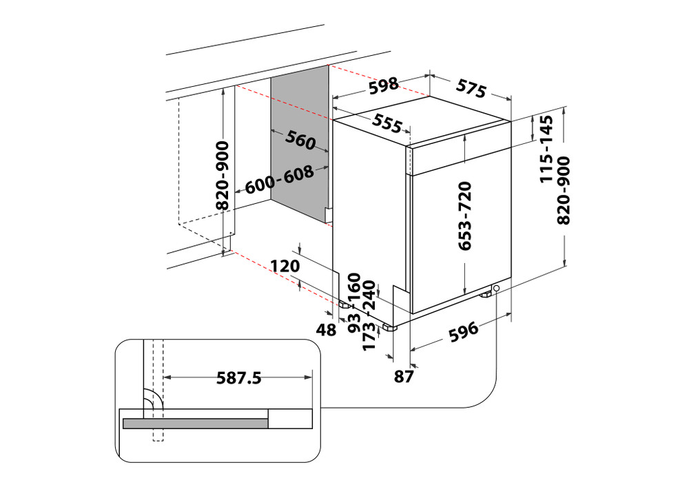 Diagramm eines Einbaugeschirrspülers mit Maßen und Abmessungen.