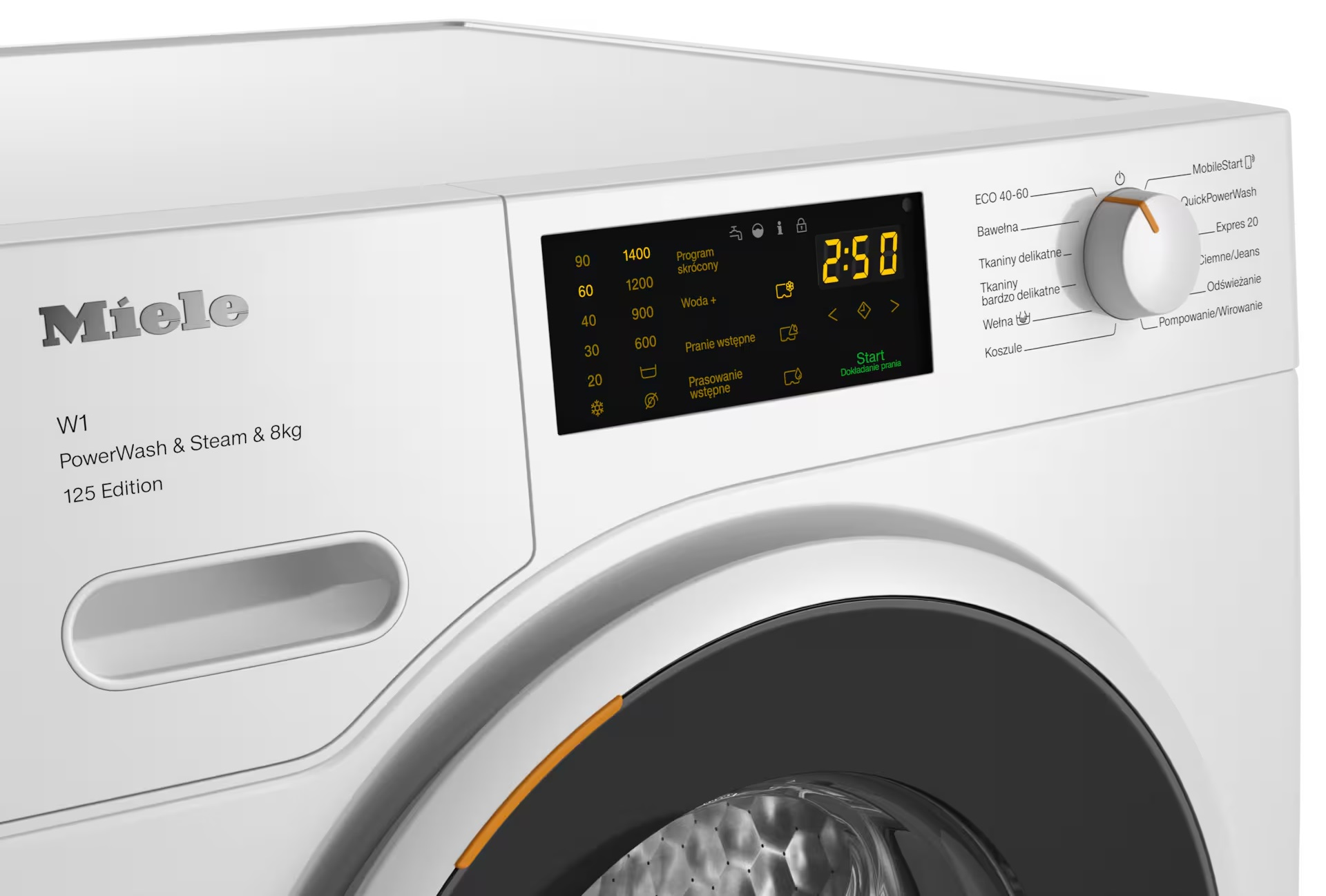 Panel sterowania pralki pokazujący czas, ustawienia i przycisk start.