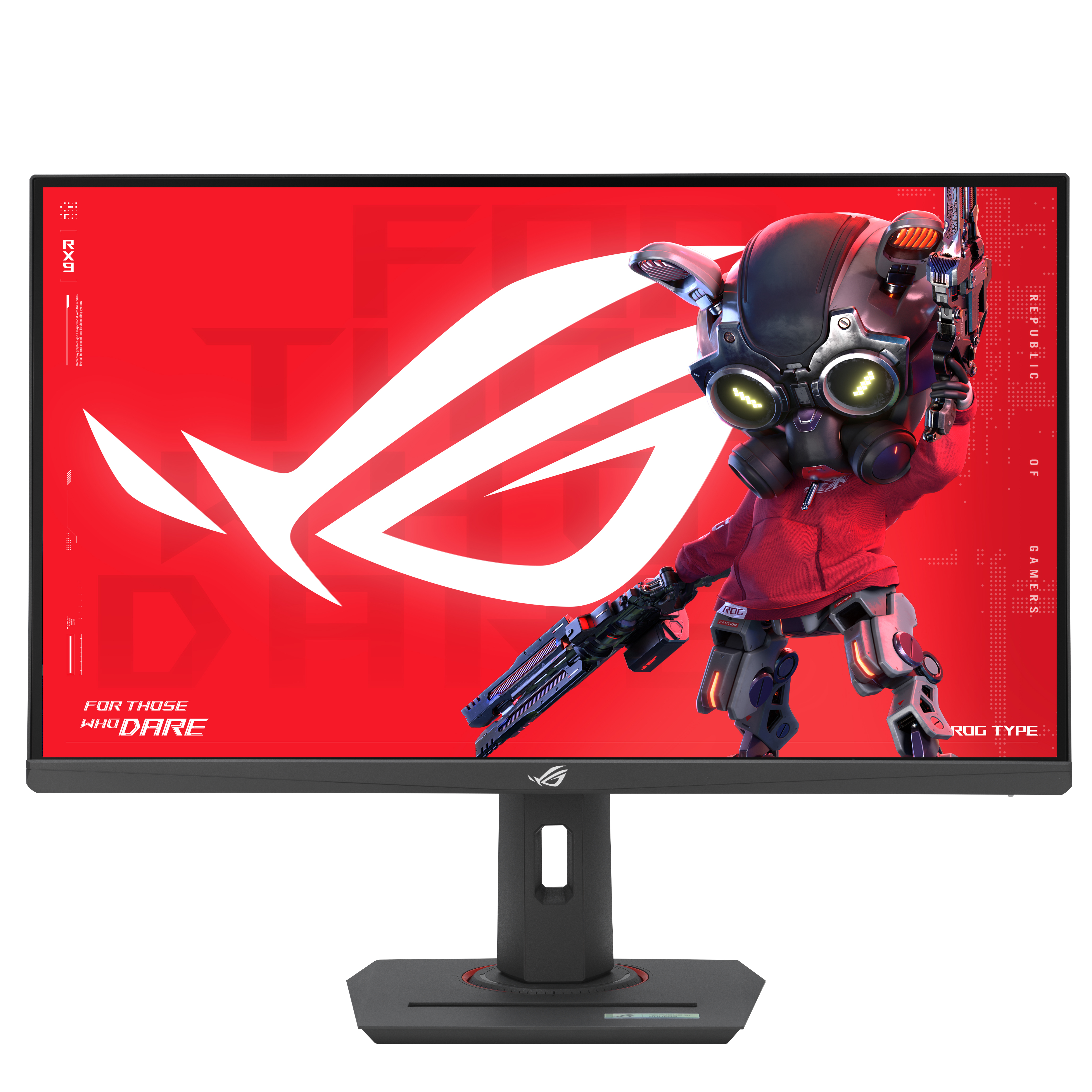 Gaming-Monitor mit Cartoonfigur auf dem Bildschirm und ROG-Logo.