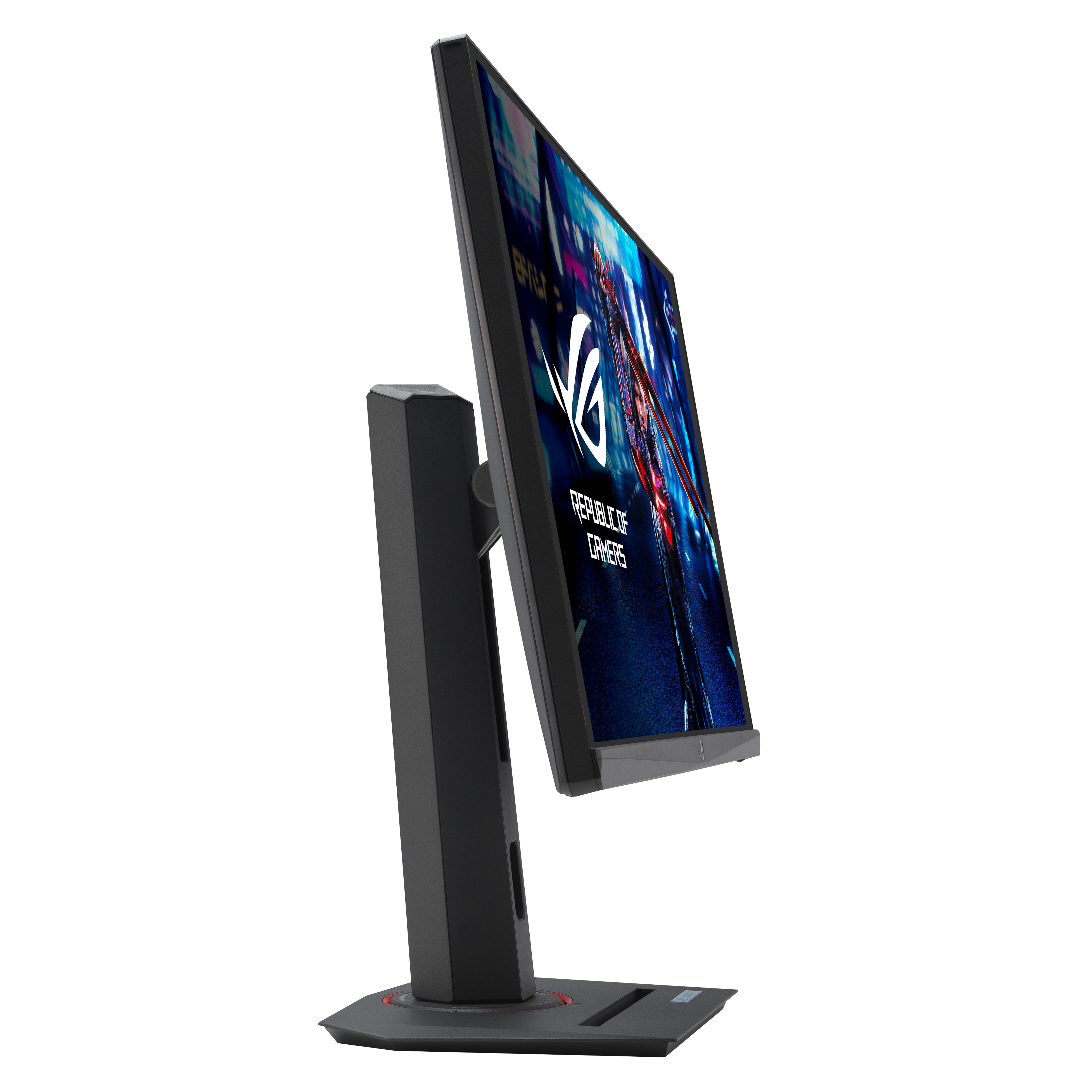 ASUS-Monitor Seitenansicht, abgewinkelt, schwarz, mit Ständer, zeigt ein Bild auf dem Bildschirm.
