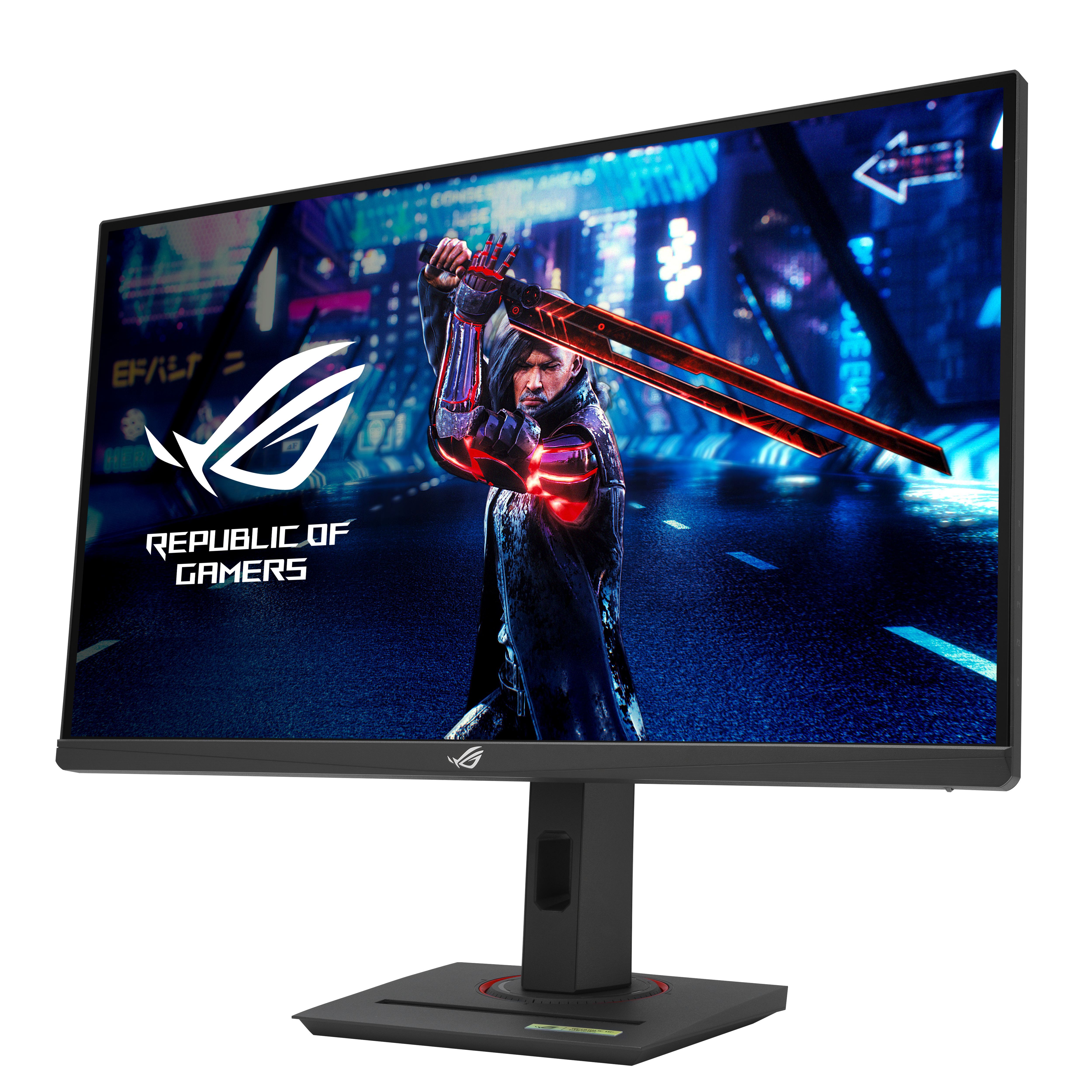 Ein Gaming-Monitor mit gekrümmtem Bildschirm, der ein Videospiel mit futuristischem Setting zeigt.