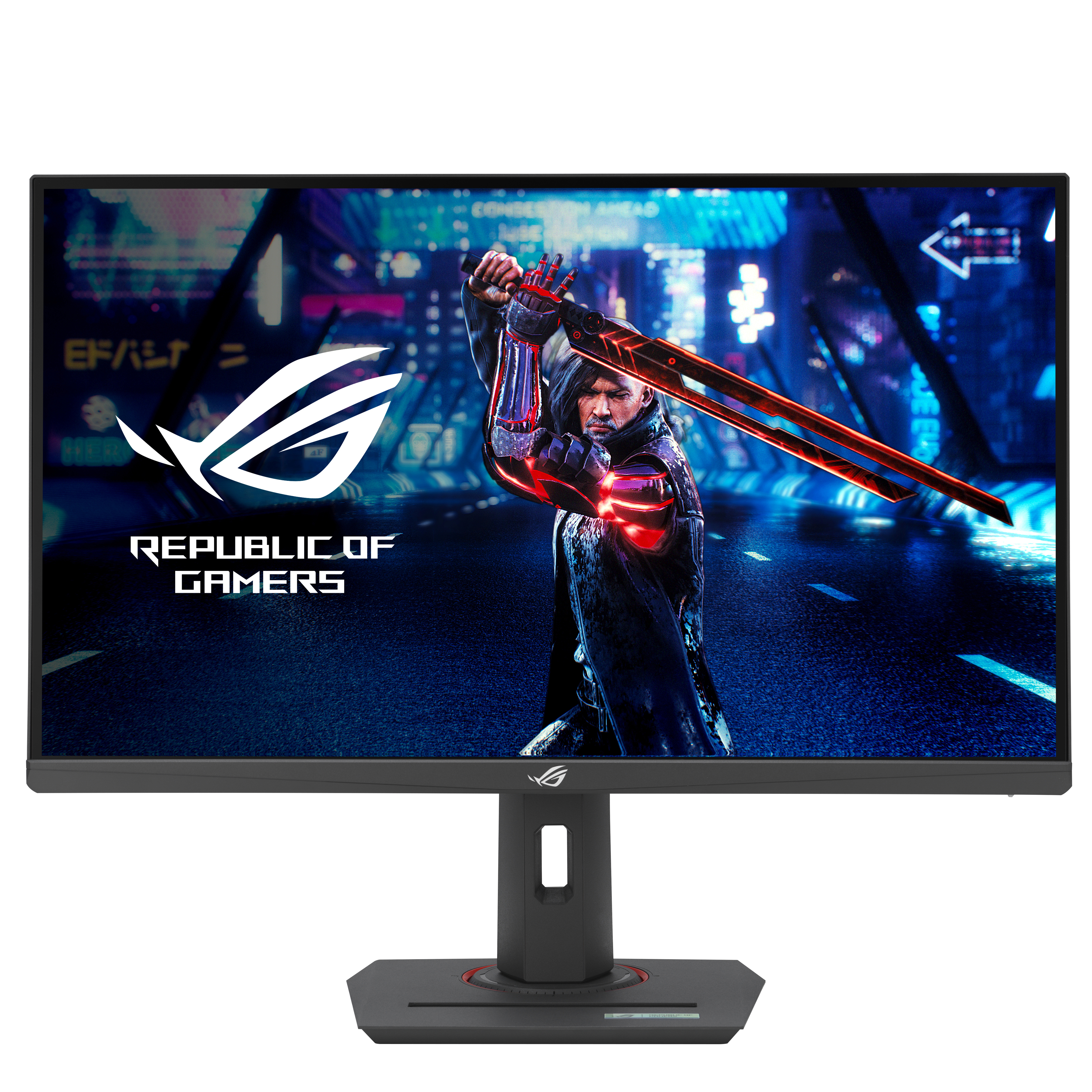 Ein Gaming-Monitor zeigt einen Mann mit Schwert. ROG-Logo oben. Der Monitor ist schwarz.