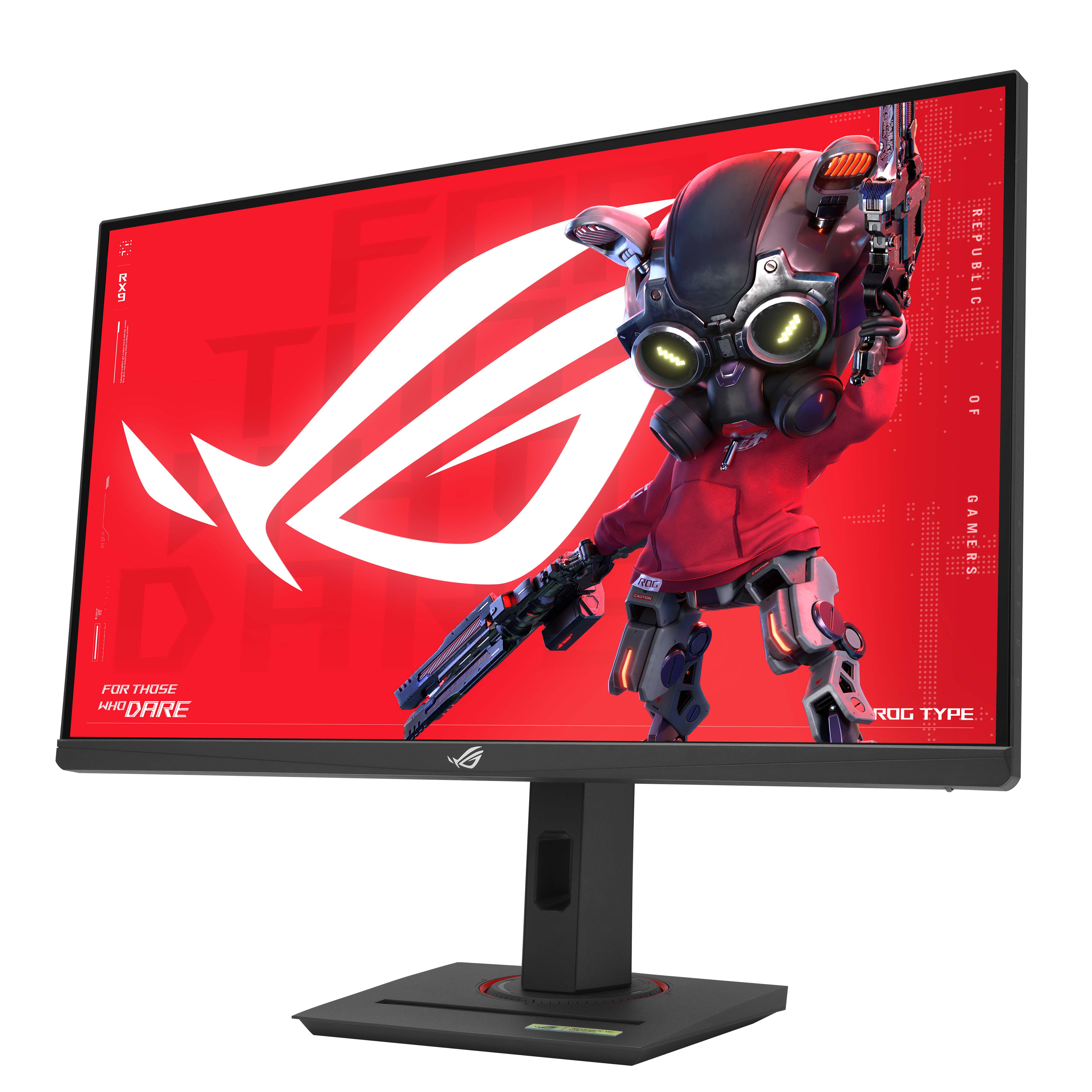 Ein Gaming-Monitor, der ein rotes ROG-Bild mit Figuren anzeigt.