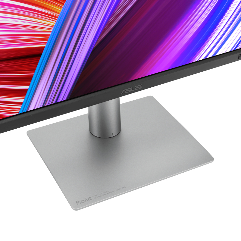 ASUS Monitor mit silbernem Standfuß und farbenfrohem Bildschirm.