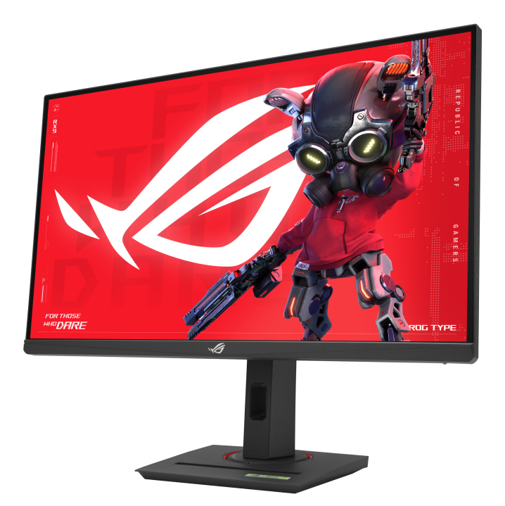 Gaming-Monitor mit Cartoon-Figur auf rotem Hintergrund, schwarzer Ständer.