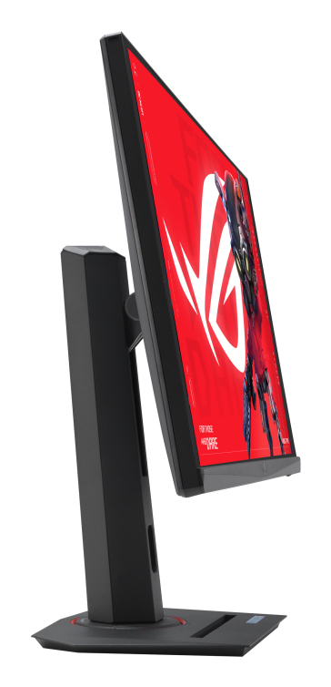 Gaming-Monitor, schwarz, Seitenansicht, ROG-Logo, roter Hintergrund.