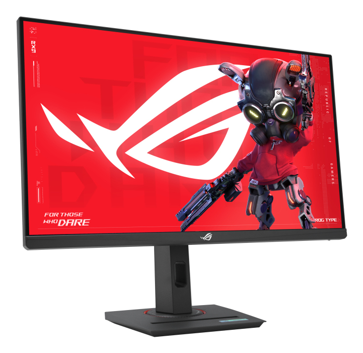 Gaming-Monitor mit Roboter auf dem Bildschirm. Der Bildschirm zeigt rot-weiße Grafiken.