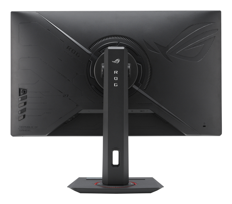 Schwarze Monitorrückseite mit ROG-Logo, Ständer. Graues Musterdesign und verschiedene Anschlüsse.