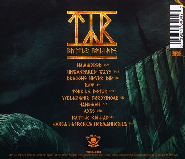 Albumcover. Text: Battle Ballads, Hammered, Unwandered Ways, Dragons Never Die, Row, etc.