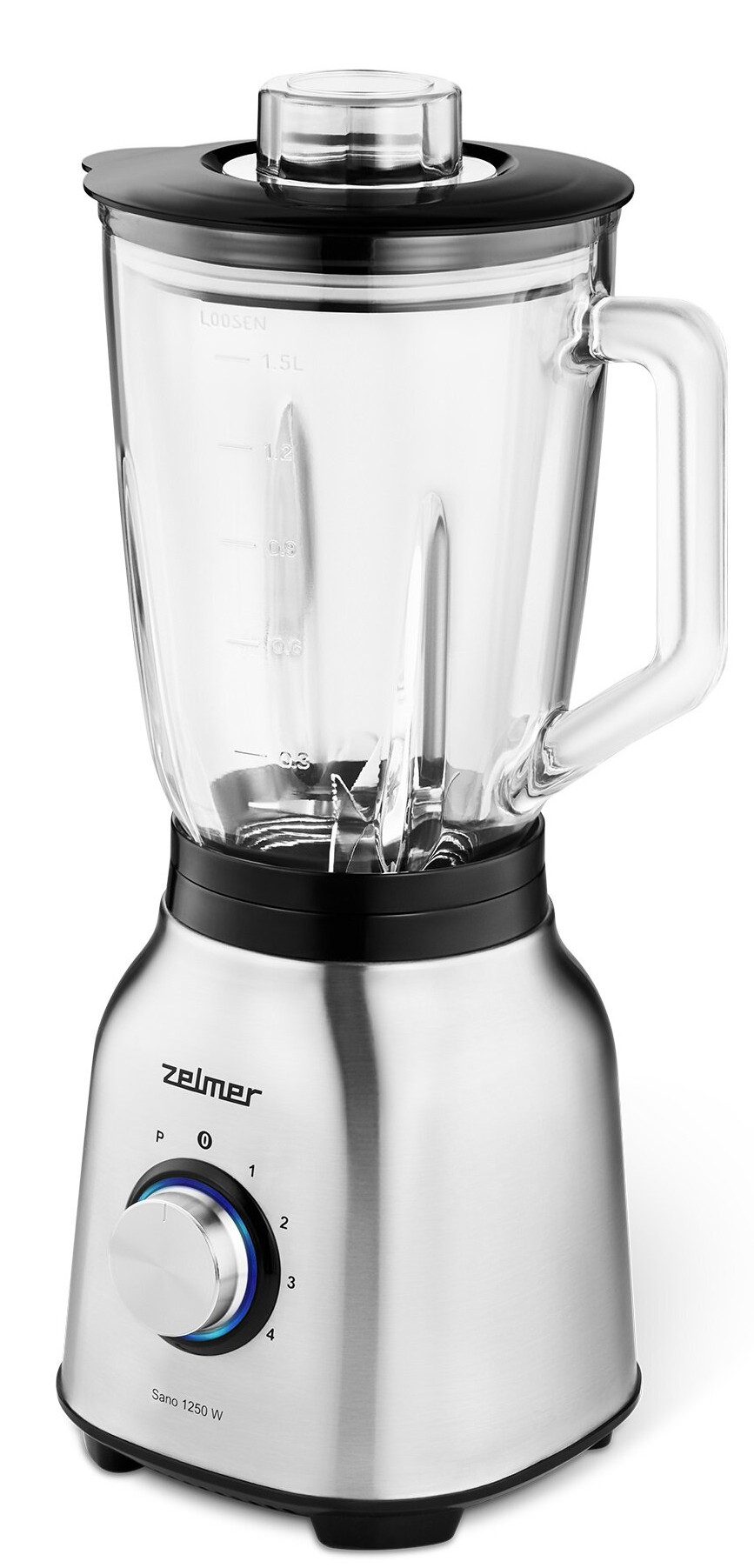 Srebrny blender ze szklanym dzbankiem, czarną pokrywą i pokrętłem. Ostrza w środku.