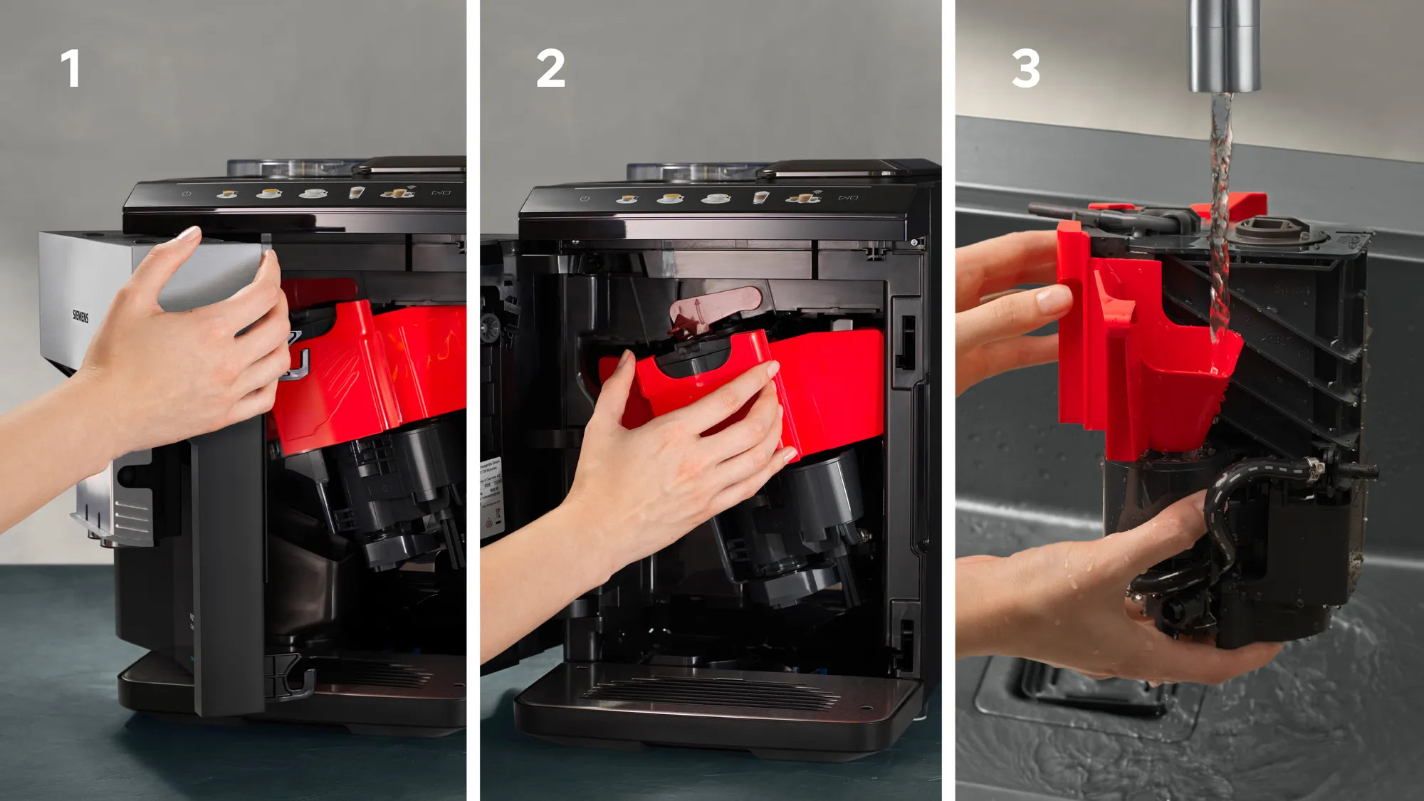 Trzy obrazy pokazują osobę obsługującą części ekspresu do kawy.