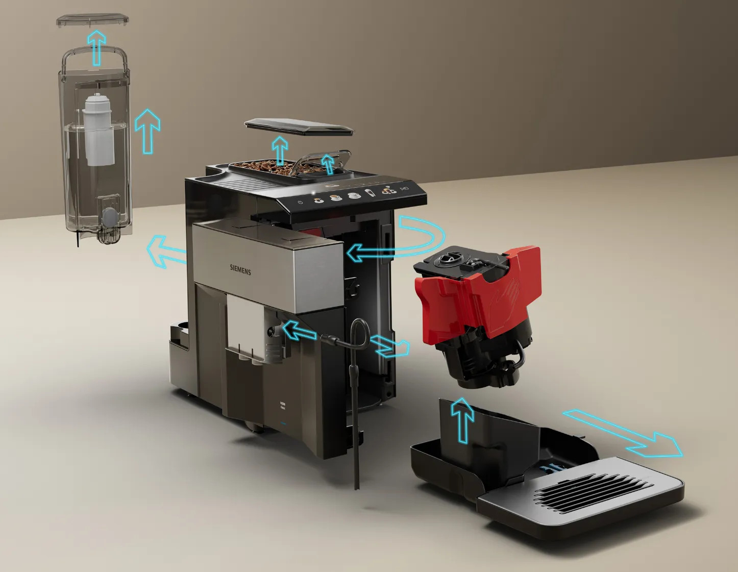 Widok rozstrzelony ekspresu do kawy Siemens, pokazujący części i strzałki kierunkowe.